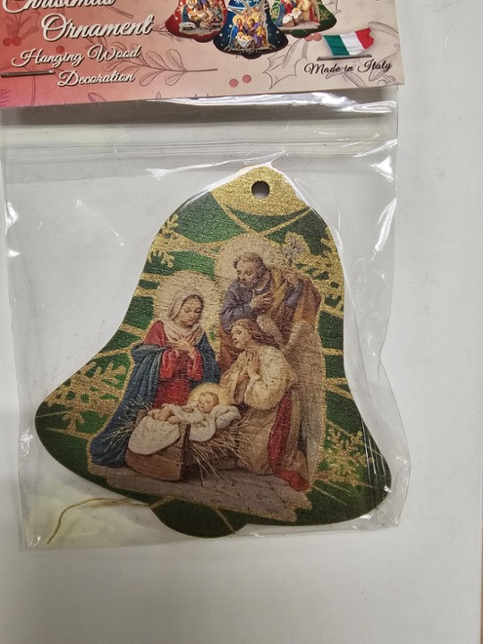 Green Bell Holy Family with Angel Wooden Ornament