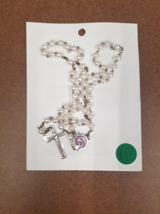 Light Pink beads with Silver chalice and Crucifix with purple background