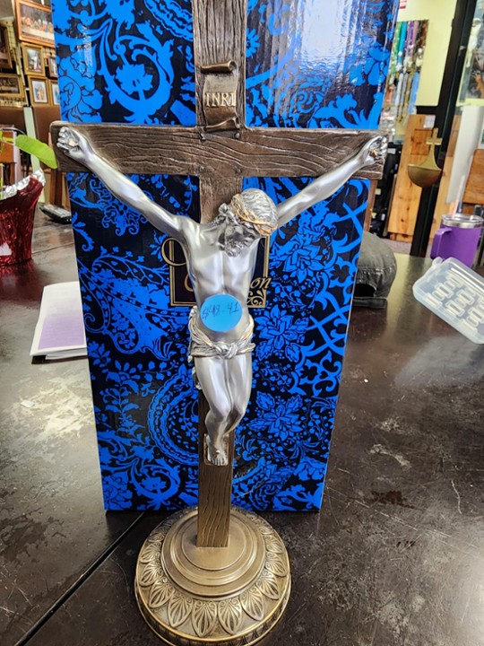 Standing Crucifix, Pewter Corpus, Ornate Lightly hand painted 13.75"