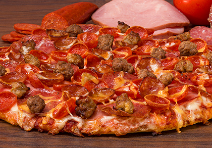 HOUSTON pizza sauce, mozzarella, pepperoni. italian sausage, crumbled pork, bacon, ham