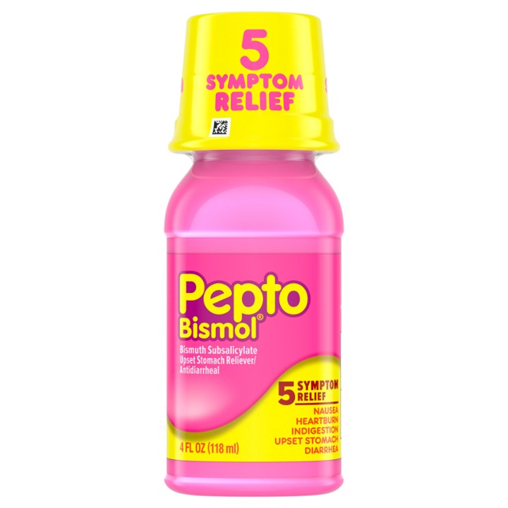 Pepto Bismol Liquid for Nausea  Heartburn  Indigestion  Upset Stomach  and Diarrhea - 5 Symptom Fast Relief  Original Flavor 4 Oz