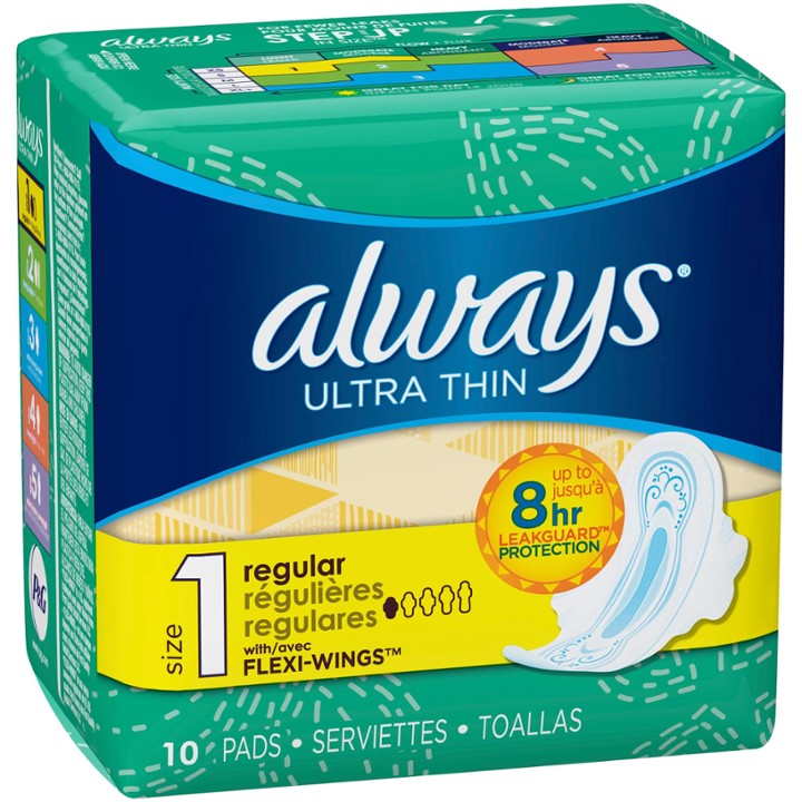 Always Ultra Thin Size 1 Regular Pads with Wings Unscented, 10 Count (34966)