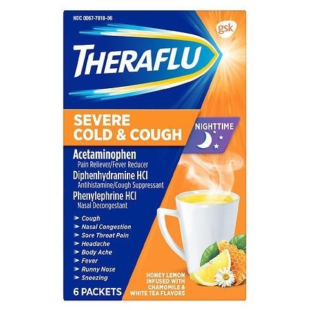 Theraflu Nighttime Multi-Symptom Severe Cold Powder  White Tea and Honey Lemon  6 Ct