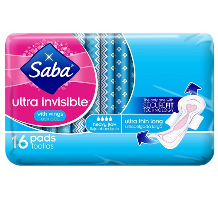 Saba Ultra Invisible Heavy Flow Ultra Thin Long Pads with Wings  16 Count