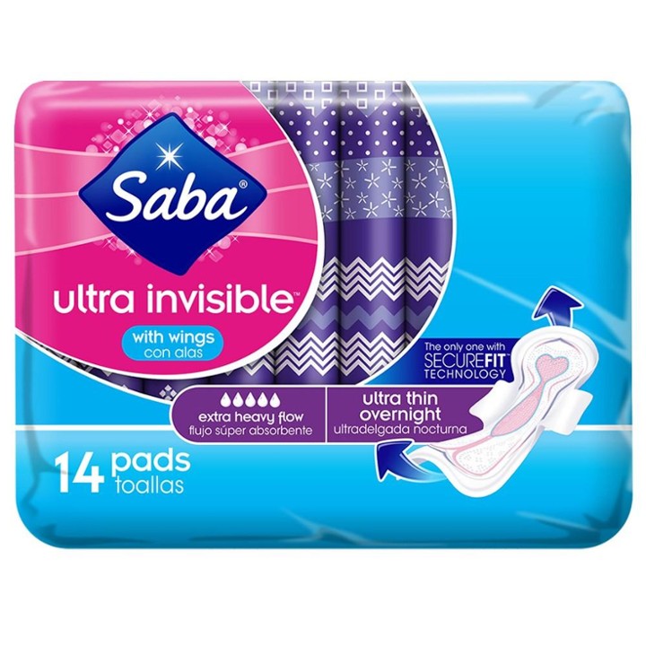 Saba Ultra Invisible Thin Night Pads - 14ct