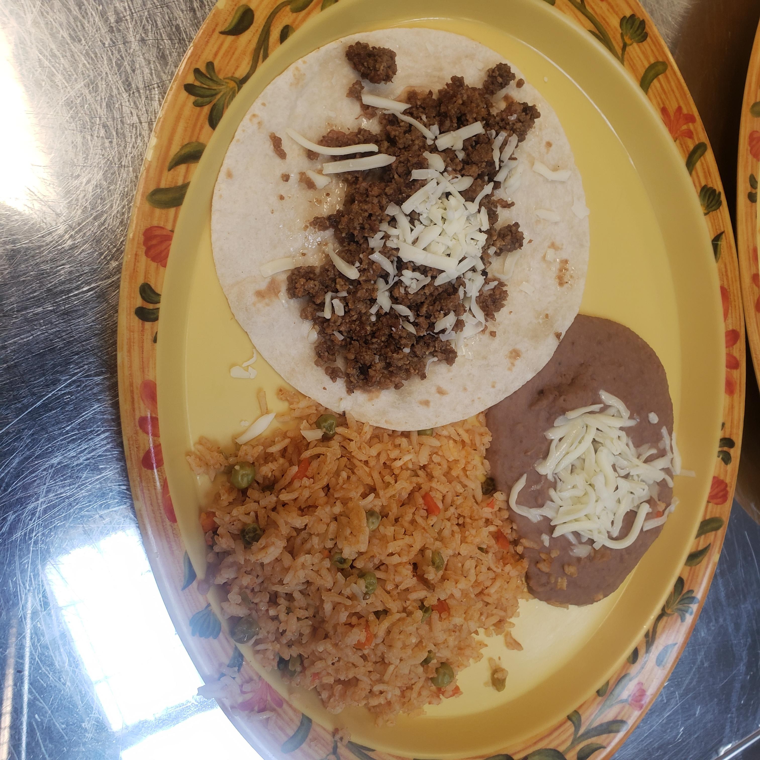 kids beef and cheese taco - rice and beans