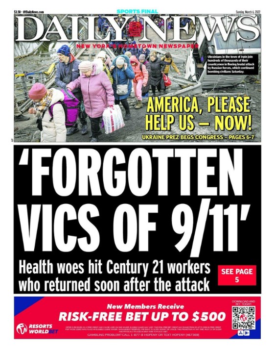 New York Daily News Newspaper Forgotten Vics of 9/11   Shot Clock    3/6/22