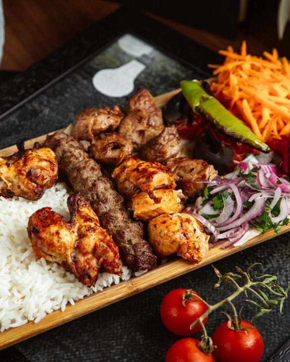 SHISH COMBO FOR 8  ((  8 KABOB, 8 TAWOOK, 8 KAFTA MEAT, CHICKEN OR MEAT SHAWARMA, 8 FALAFEL, 8 GRAPE LEAVES, RICE WITH HUMMUS OR SALAD  ))