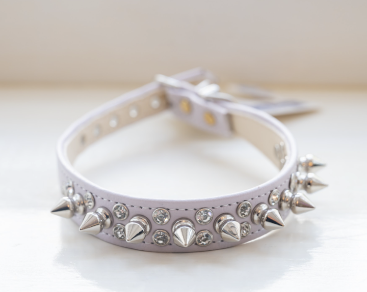 Double Crystal and Silver Spikes Dog Collar