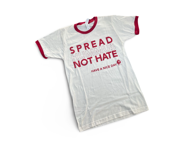 Spread Hummus Note Hate Ringer Tee (White with Red)