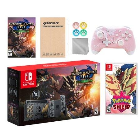 Nintendo Switch Monster Hunter Limited Console Set Plus Monster Hunter Rise Deluxe Edition  Bundle with Pokemon Shield and Mytrix Wireless Switch Pro