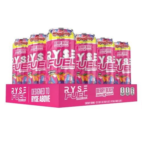 RYSE Fuel Energy Drink | on the Go Energy | 0 Sugars | 0 Calories | Vegan | 200mg Caffeine | 16 Fl Oz Can | 12 Pack (Ring Pop Berry Blast)