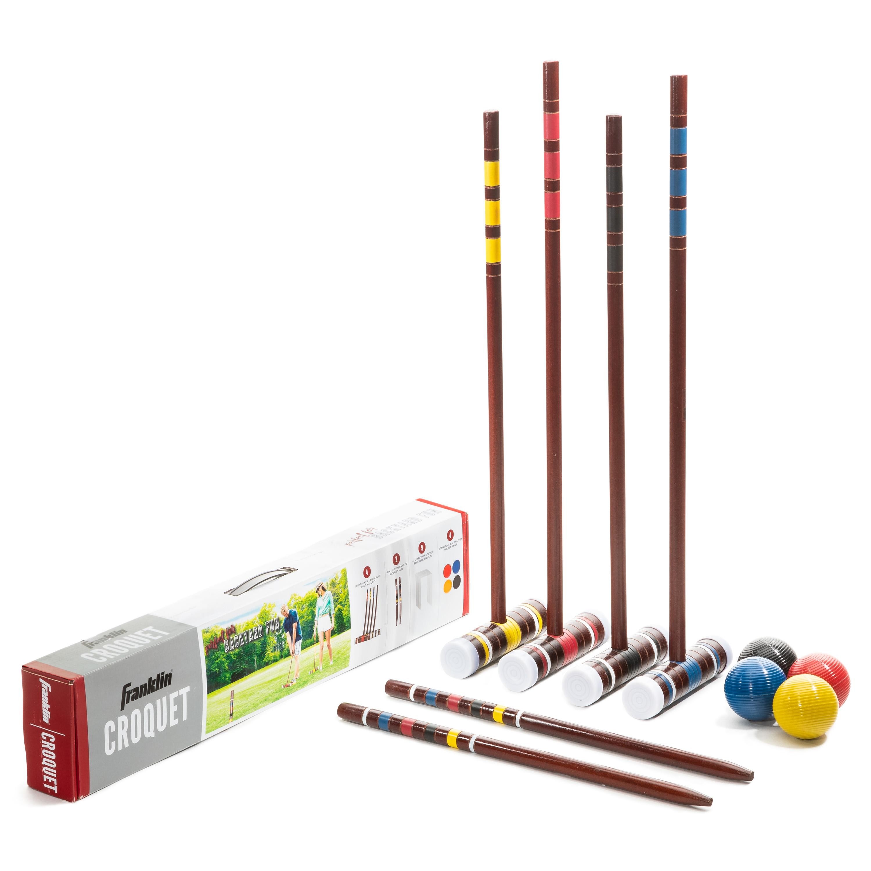 Franklin Sports Croquet Set - Includes 4 Croquet Wood Mallets  4 All Weather Balls  2 Wood Stakes and 9 Metal Wickets - Classic Family Outdoor Game -