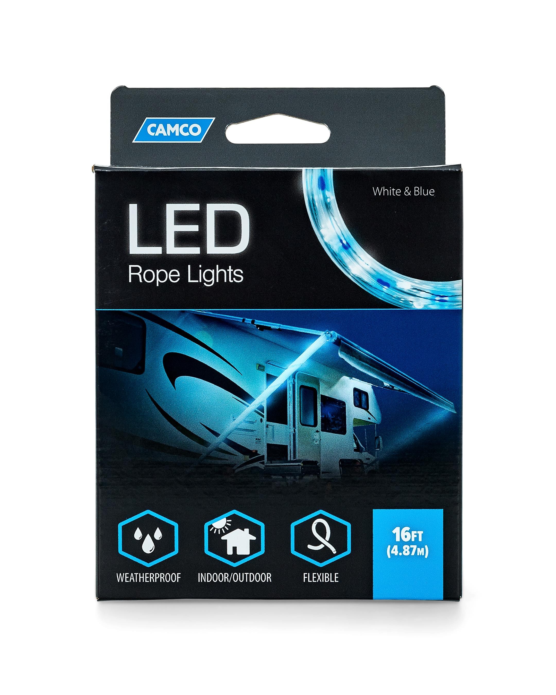 Camco LED 16  Blue and White Rope Camper Interior and Exterior Lighting for Special Occasions and Outdoor Events  Fits Into Your RV Awning Track (5309
