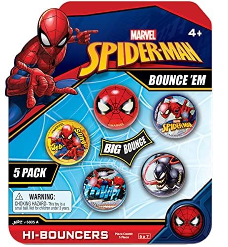 JA-RU Marvel Spiderman Bouncy Balls Superballs Super Hi Bounce 1.2" (1 Pack of 5 Balls) Fidget Balls Small Toys for Kids Prize Premium Giveaways Gift