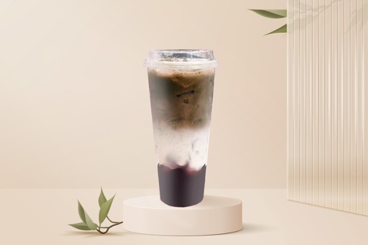 Houjicha Iced Latte with Blueberry Sauce