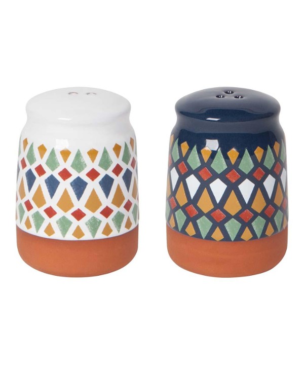 Heirloom  Salt and Pepper Shakers  - White & Green Kaleidoscope Terra-Cotta Salt & Pepper Shakers