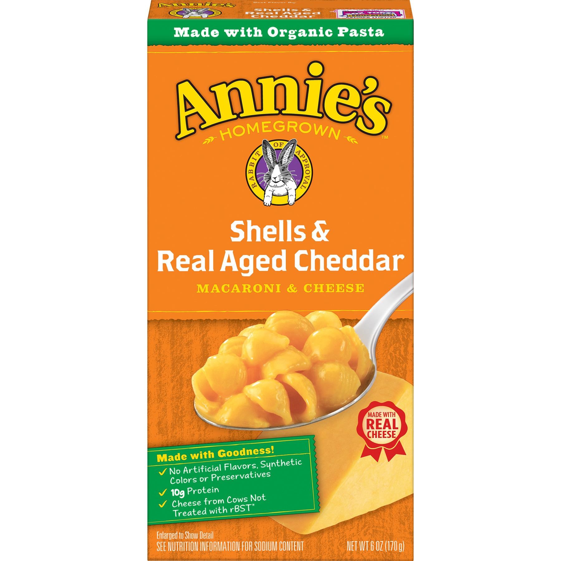 Annie S Macaroni and Cheese Dinner  Shells and Real Aged Cheddar with Organic Pasta  6 Oz.