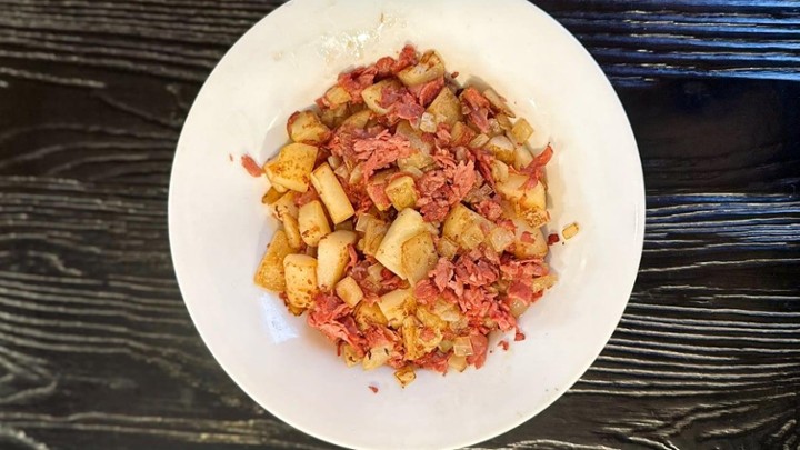 Corned Beef Hash - Potatoes, Onion, CB sauteed in butter