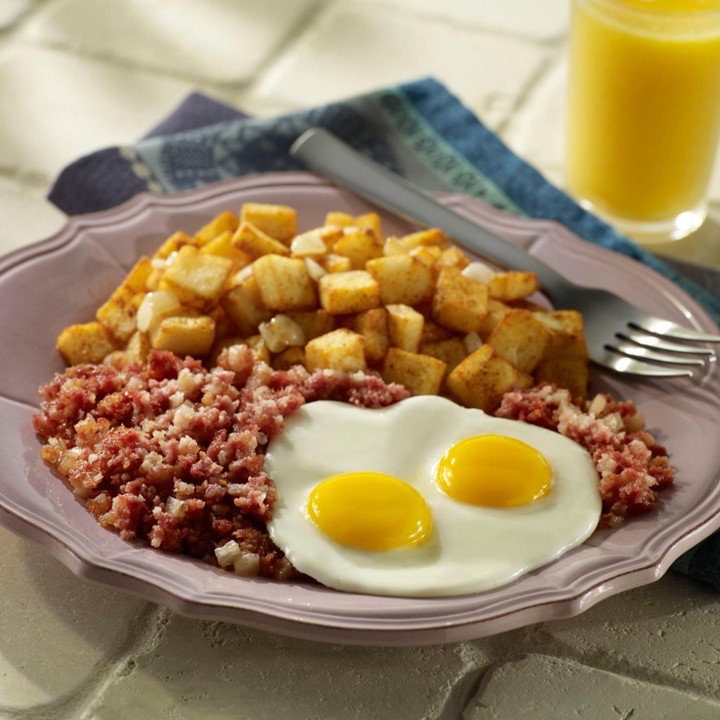 #6A  2 Eggs with Meat and Regular Hash