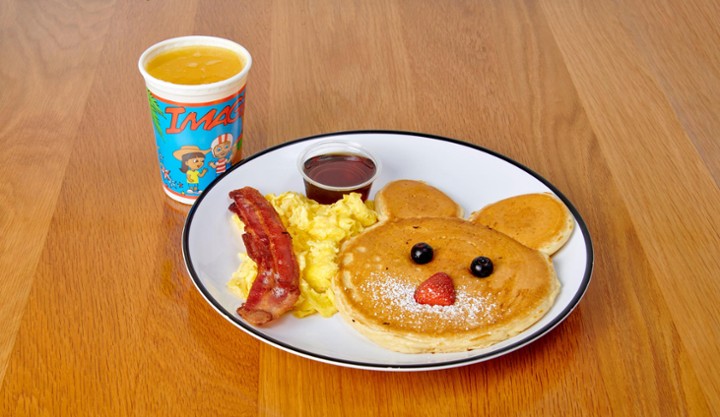 Mickey Pancake, 1 Egg, choice of Meat, Drink
