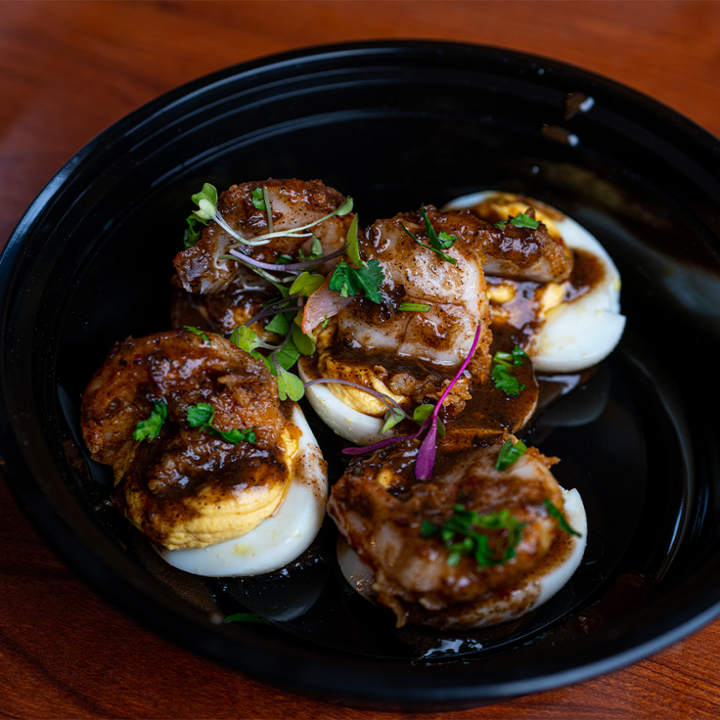 Devilish Eggs w/ Jerk Fried Shrimp