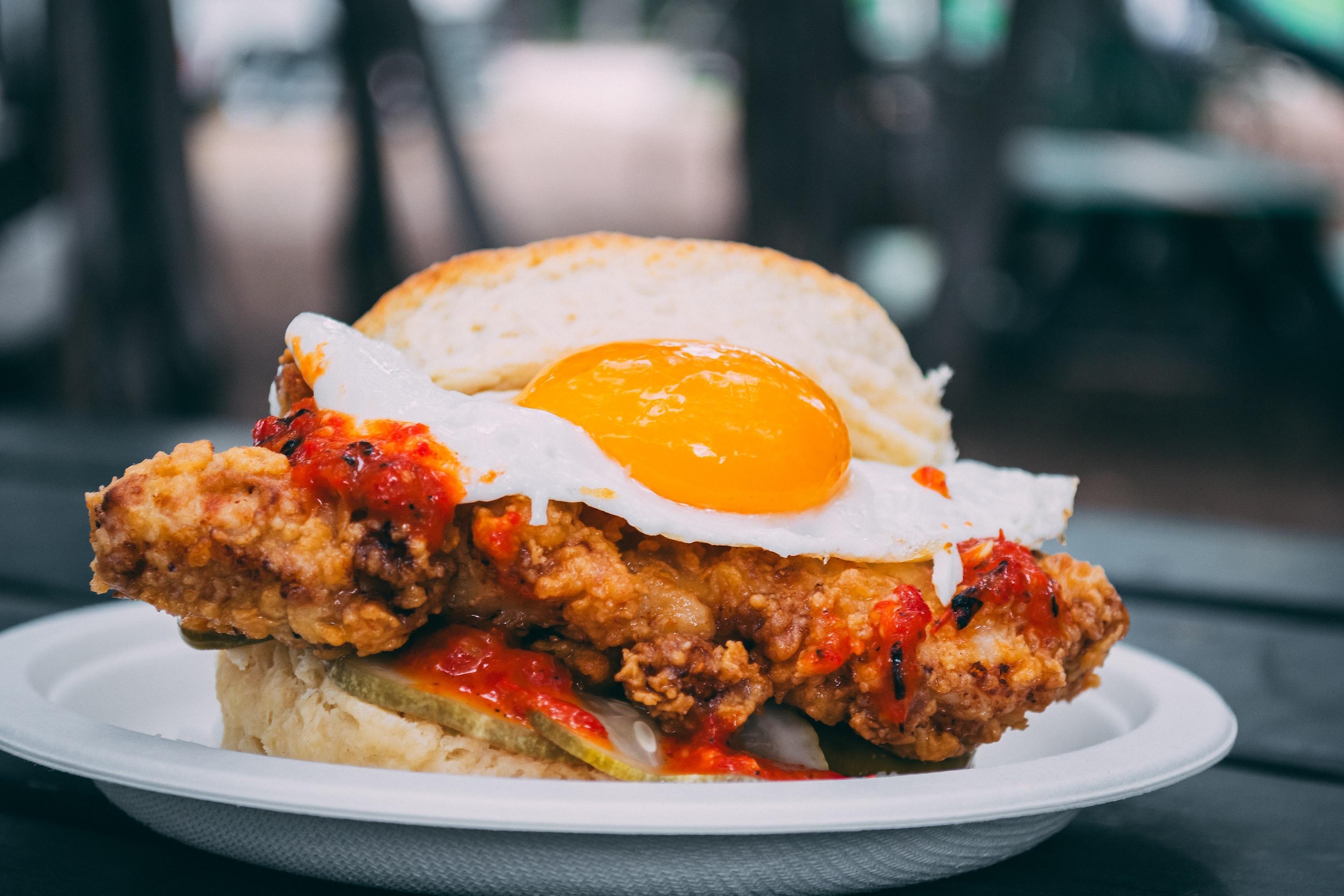 Sweet Heat Sauce, Buttermilk Fried Chicken, Sunny Egg, Pickles, Egg On A Biscuit