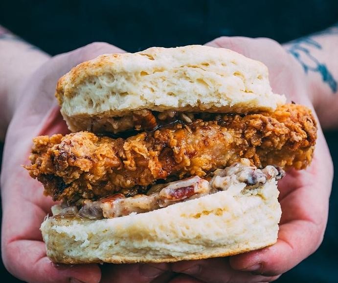 Buttermilk Fried Chicken, Smoked Peach Honey Butter on a House Biscuit