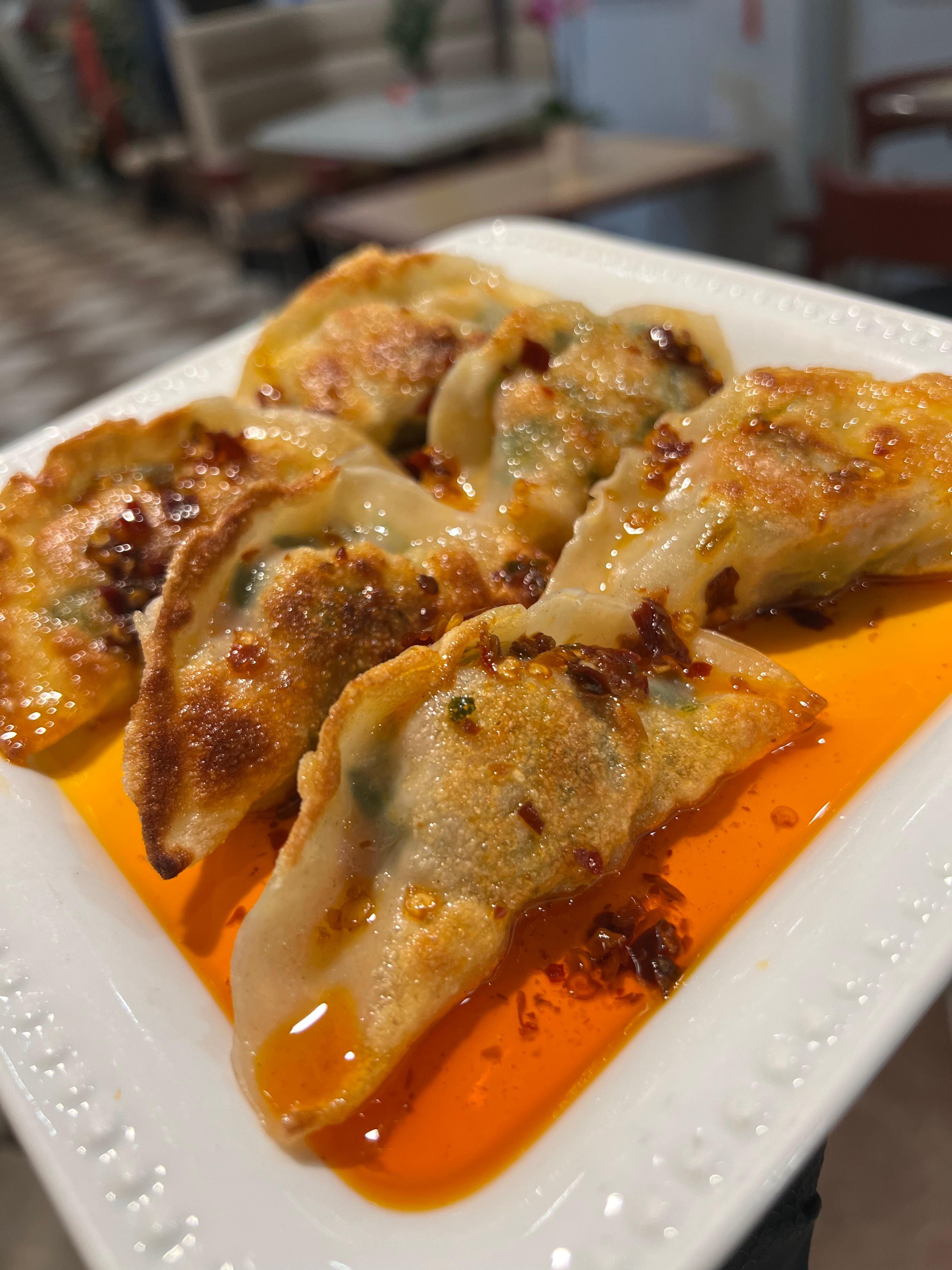 A6. Chili Oil Pan-Fried Pork Dumplings 红油煎饺 (6pc)