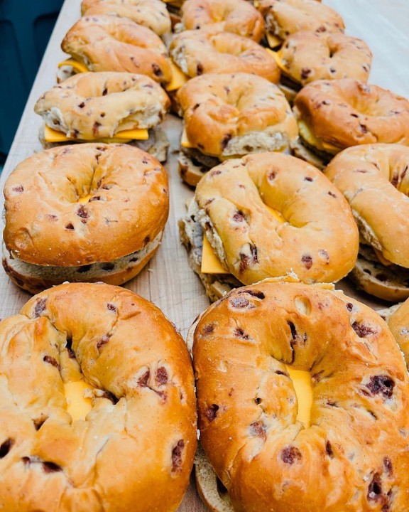 Maple sausage, egg, and cheese on a french toast bagel