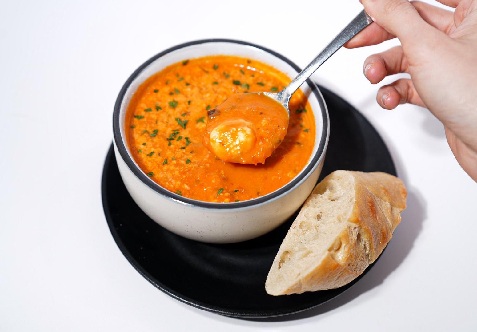 gnocchi tomato cream soup with baguette