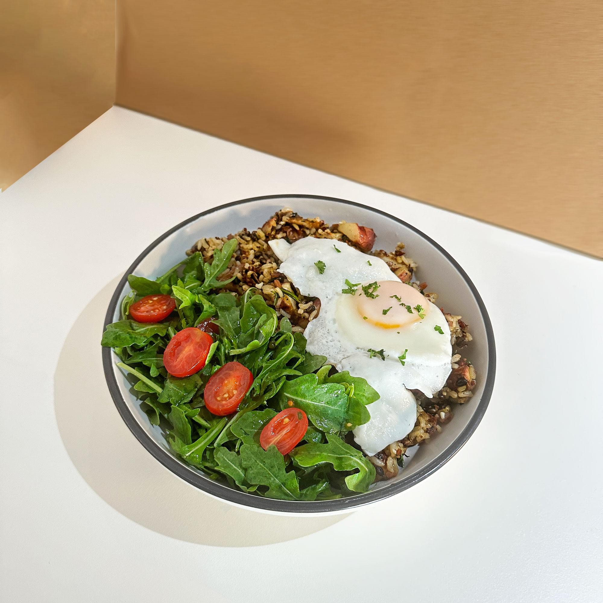potato, egg,  arugula, quinoa and pesto