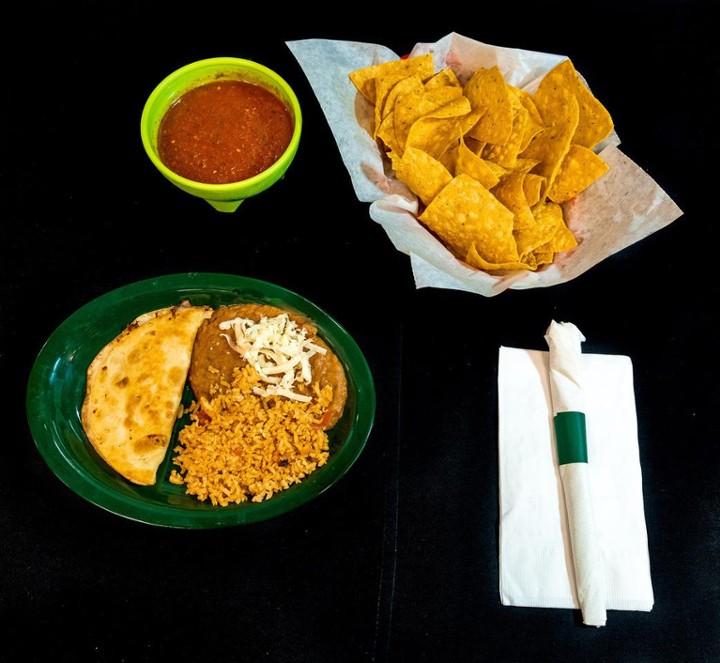 Quesdailla, Enchilada and Beans