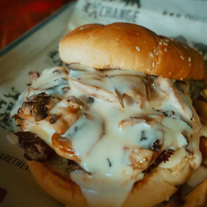 The Mushroom Cheese Explosion w/ Waffle Fries