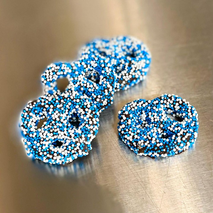 Mini Blue and White Chocolate Covered Pretzels - 8oz Box