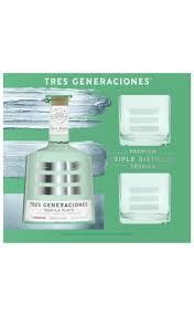 Tres Generaciones 80 Proof Plata Tequila Bottle with 2 Glasses Gift Set (750 ml)
