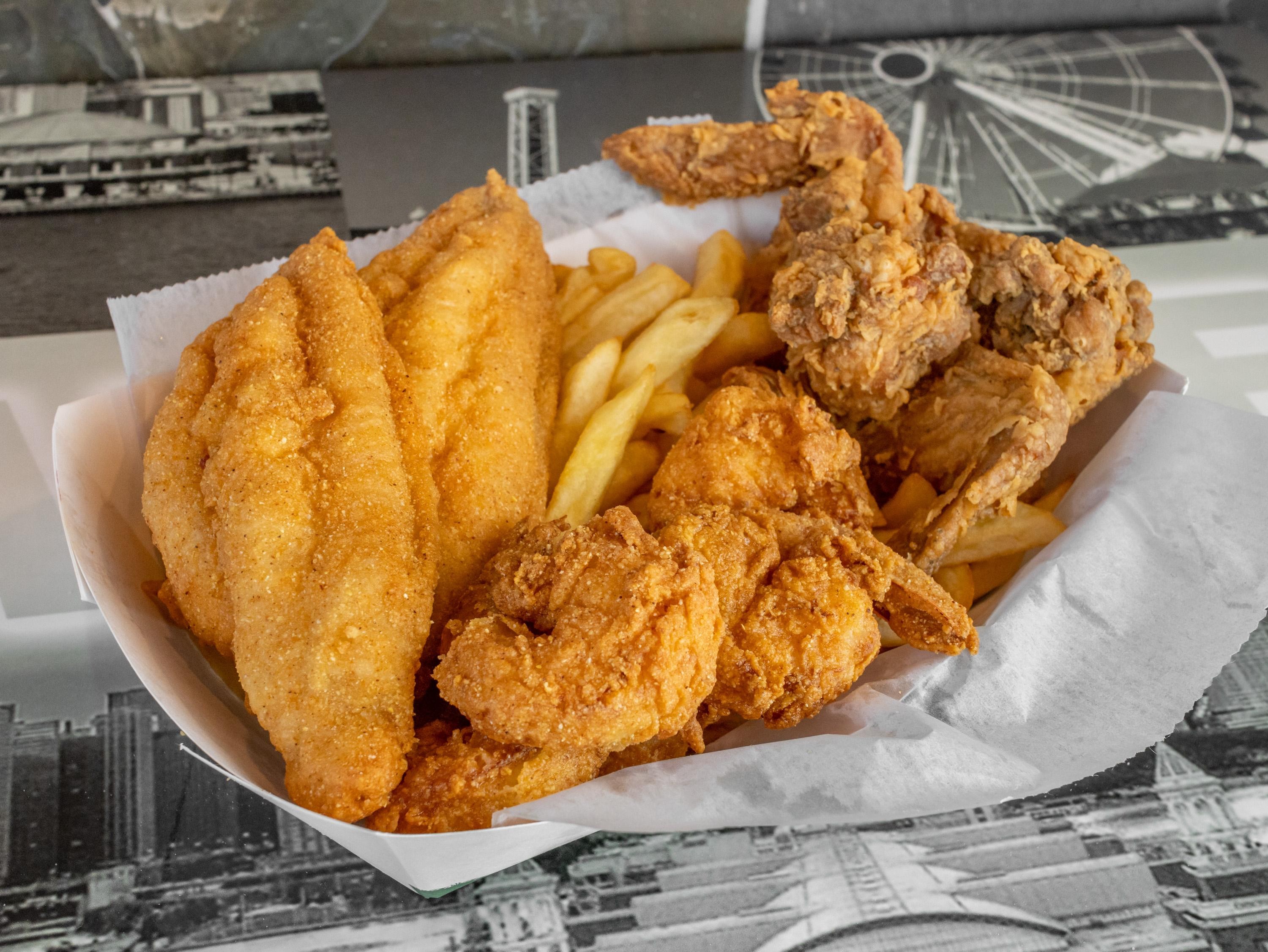 (3) Wings (2) Catfish (5) Shrimp (comes with fries, coleslaw & Bread)