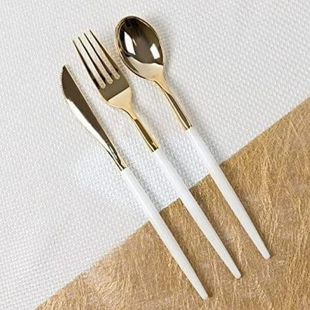 [Gold-White] Plastic Two Tone Gold White Disposable Silverware 32 Piece Heavy Duty Cutlery Set with 16 Forks  8 Spoons & 8 Knives Elegant Reusable Fla