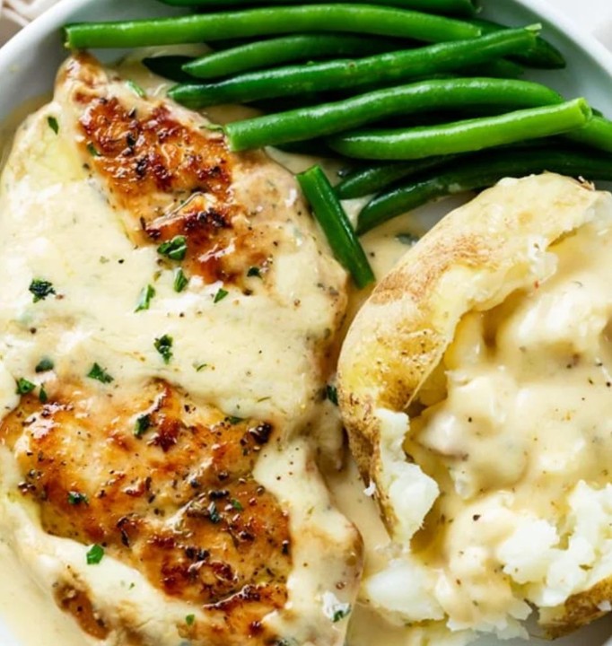 Creamy Ranch Chicken Breast with a baked potato and green beans 3/15