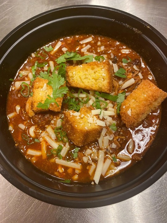 Bark Chili With Cornbread Croutons