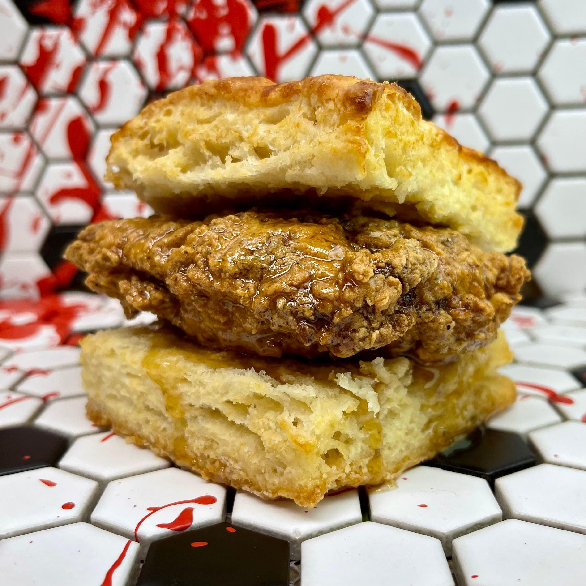 the number 9, HOT.-honey-chicken-fried biscuit.