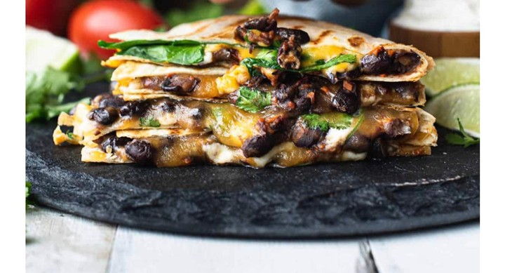 QUESADILLA WITH MASHED BLACK BEANS, CHEDDAR CHEESE