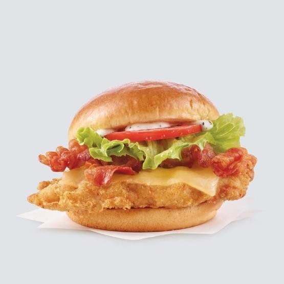 CHICKEN CLUB SANDWICH-BREADED CHICKEN, CHEDDAR CHEESE, BACON STRIPS, MAYONNAISE, LETTUCE AND TOMATO ON KAISER ROLL