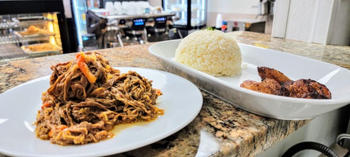 Ropa Vieja (white rice, plantains) *no bean