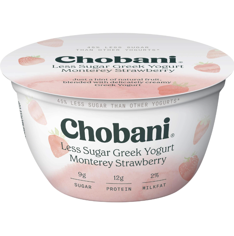 Chobani All Natural Less Sugar Greek Yogurt Monterey Strawberry Gluten Free - 5.3 Oz