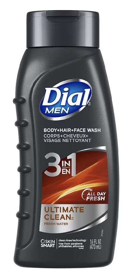 Dial Men Body Hair Face Wash 3-in-1 Ultimate Clean Fresh Water - 16 Fl Oz