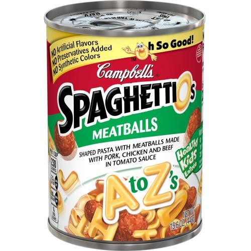 Campbell's SpaghettiOs Canned Pasta a to Z Shapes with Meatballs - 15.6 Oz