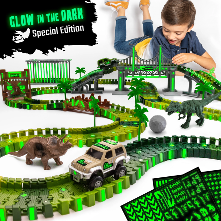 Dinosaur Race Car Track Set Toy, Stem Glow in the Dark Toy