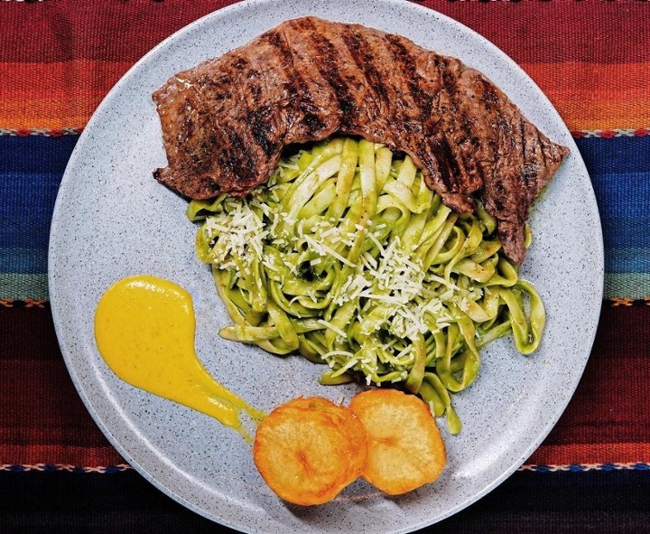 Fettuccini Verde over Steak