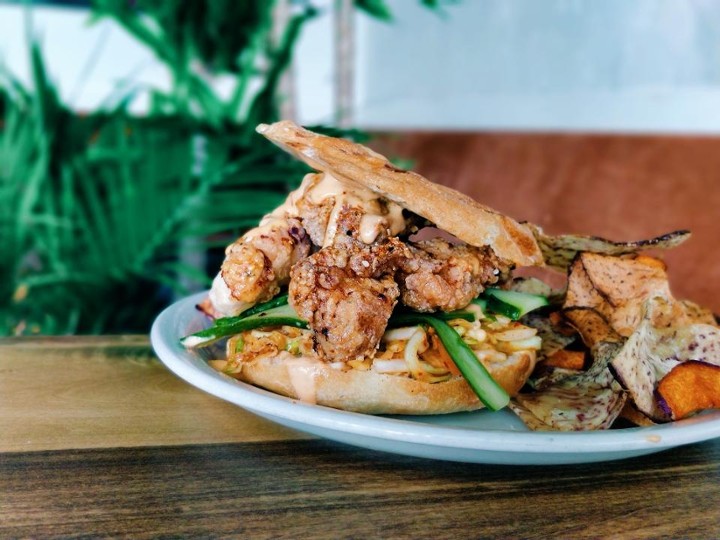 Kimchi brined fried chicken sandwich (take out)